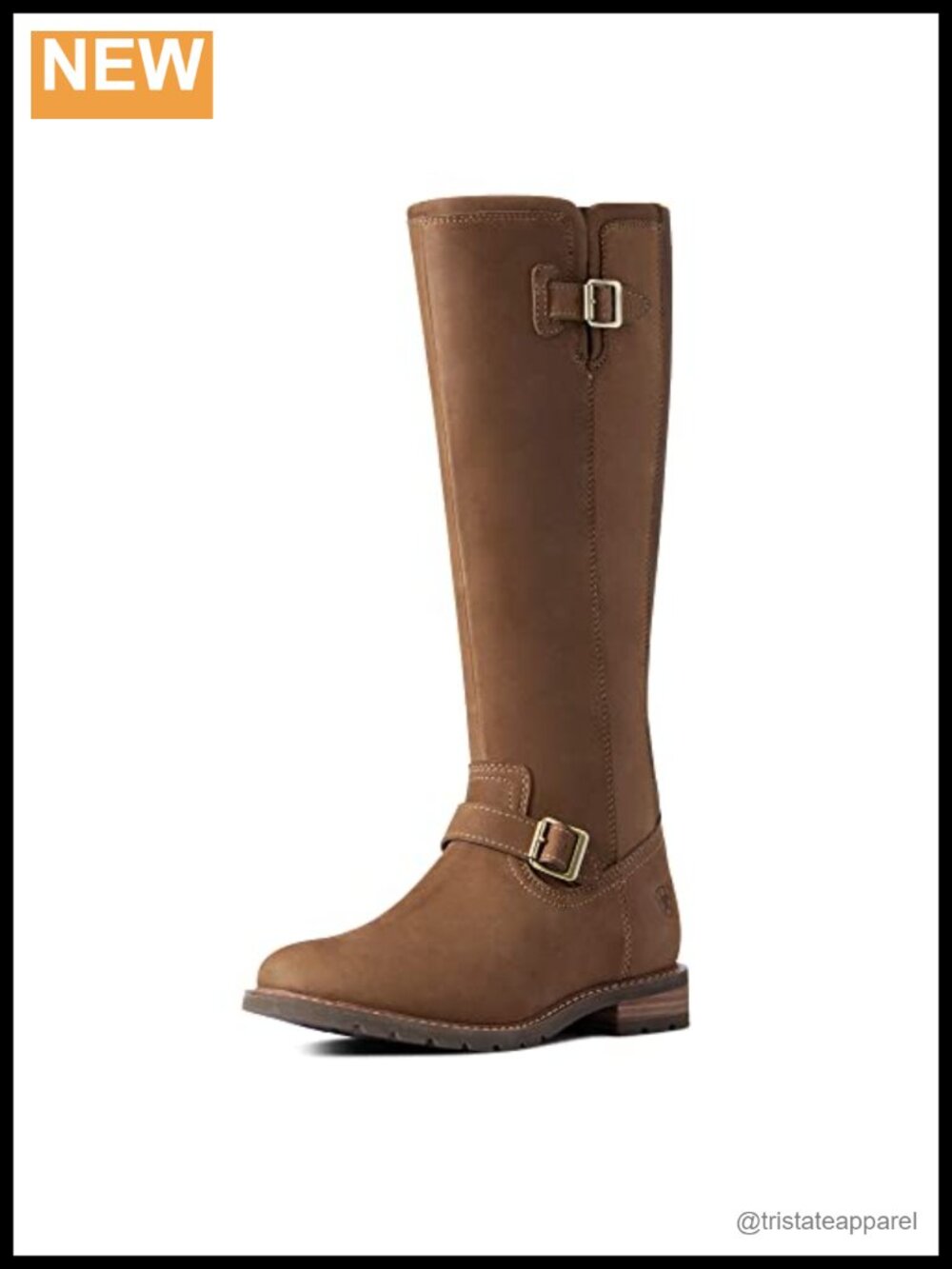 Waterproof Full-Grain Leather Mid-Calf Boots with Buckle, Block Heel, Zip
